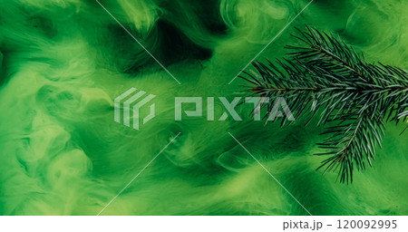 Fog pine sprig. Vapor cloud. Green needle tree in bright color ink water mix fume floating wave texture abstract background. 120092995