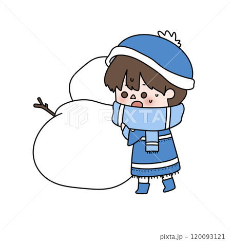 A cartoon character is holding a snowman and a snow-filled bag 120093121