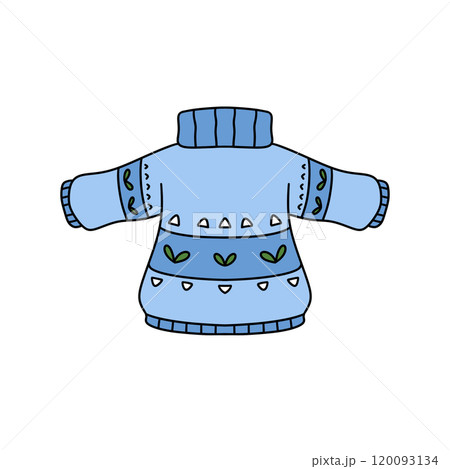 A blue sweater with green leaves on it A blue sweater with green leaves on it 120093134