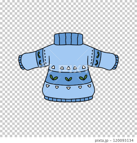 A blue sweater with green leaves on it A blue sweater with green leaves on it 120093134