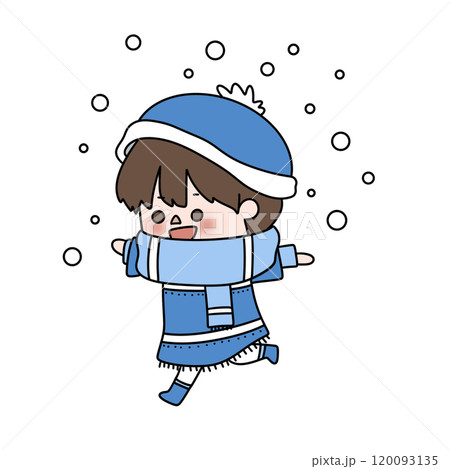A cartoon character is wearing a blue hat and scarf and is running in the snow 120093135