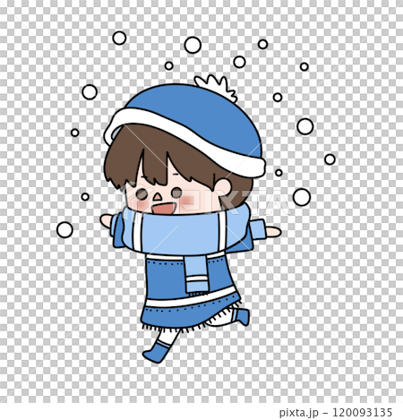 A cartoon character is wearing a blue hat and scarf and is running in the snow A cartoon character is wearing a blue hat and scarf and is running in the snow 120093135