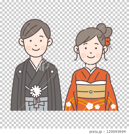 Smiling men and women in crested hakama and long-sleeved kimono 120093694
