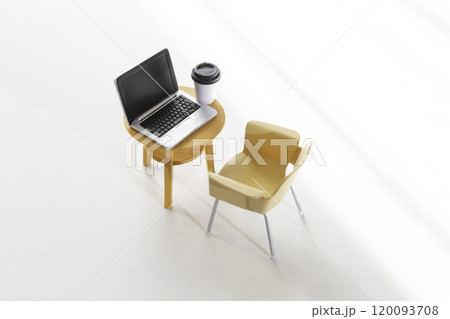 ミニチュアのノートパソコンがのったテーブルとイス 120093708