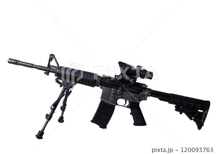 C8 Diemaco carbine equipped with a bipod and scope. The firearm features a tactical rail system, adjustable stock, and a mounted optical sight, making it suitable for precision shooting. Ideal for 120093763