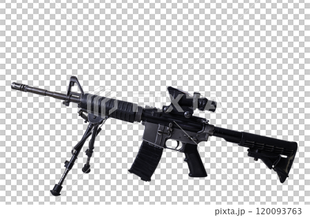 C8 Diemaco carbine equipped with a bipod and scope. The firearm features a tactical rail system, adjustable stock, and a mounted optical sight, making it suitable for precision shooting. Ideal for 120093763