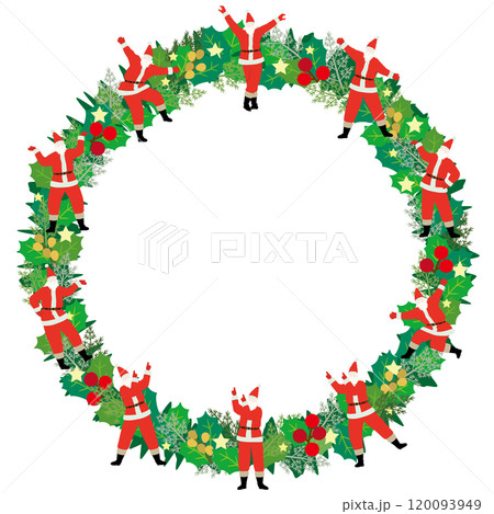 いろいろなポーズのサンタクロースをあしらったクリスマスリースのベクターイラスト 120093949
