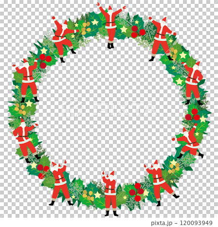 いろいろなポーズのサンタクロースをあしらったクリスマスリースのベクターイラスト 120093949
