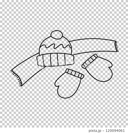 A hat and mittens are on a scarf 120094061