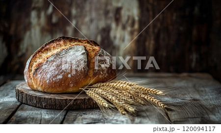 Rustic Wheat Loaf on Wooden Surface 120094117