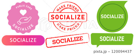 Socialize human person connection communication social socializing cooperation friends stamp colorful badge sticker emblem seal label design icon set collection 120094437