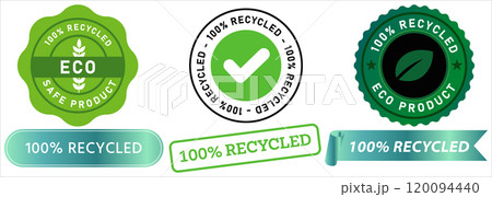 100% recycled recyclable product eco-friendly save earth reusable stamp green badge emblem waste nature care sticker design icon set collection 120094440
