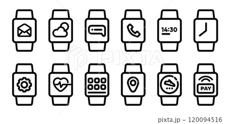 smart watch device wearables icon set line round phone time heart rate step monitor payment symbol interface set collection smart watch device wearables icon set line round phone time heart rate step monitor payment symbol interface set collection 120094516
