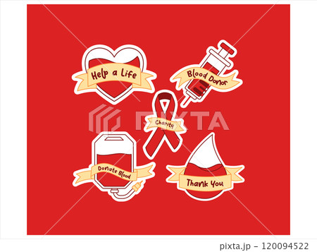 Blood donor donation support volunteer healthcare help care transfusion treatment donation syringe needle injection heart blood bag drip ribbon design icon set collection 120094522