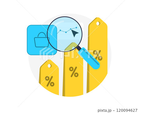 Shopping insights for e-commerce, analyzing discount, pricing trends. Magnifying glass over price tags with percentage symbols highlights sales and data-driven purchase decisions. Vector illustration Shopping insights for e-commerce, analyzing discount, pricing trends. Magnifying glass over price tags with percentage symbols highlights sales and data-driven purchase decisions. Vector illustration 120094627