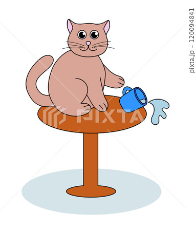 Problem with cat behavior. Kitten pushes cup off the table. Cute hand drawn flat illustration. Problem with cat behavior. Kitten pushes cup off the table. Cute hand drawn flat illustration. 120094841