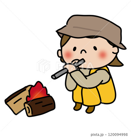 キャンプで火をおこす女の子 キャンプで火をおこす女の子 120094998