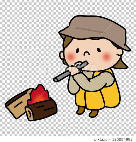 キャンプで火をおこす女の子 キャンプで火をおこす女の子 120094998