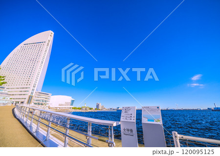 日本の横浜都市景観 パシフィコ横浜や女神橋、臨港パーク(中央左奥の緑)、風力発電などを望む=7日 日本の横浜都市景観 パシフィコ横浜や女神橋、臨港パーク(中央左奥の緑)、風力発電などを望む=7日 120095125