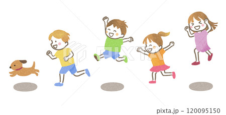 楽しそうに走る子どもたちと犬 120095150
