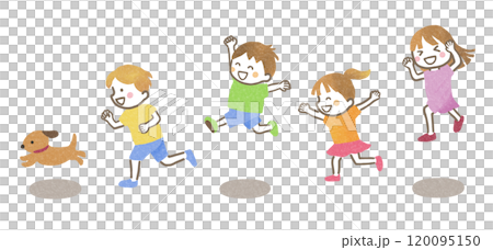 楽しそうに走る子どもたちと犬 120095150