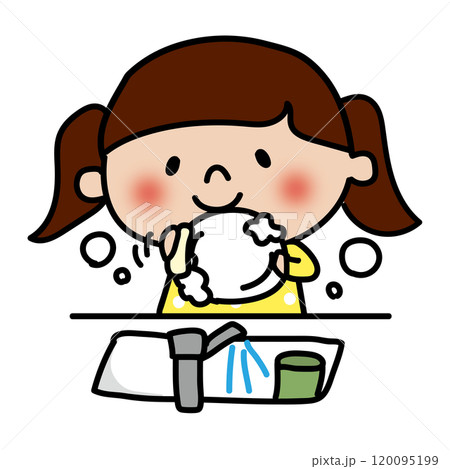 水を出しながらお皿洗いをする子供(女の子) 水を出しながらお皿洗いをする子供(女の子) 120095199