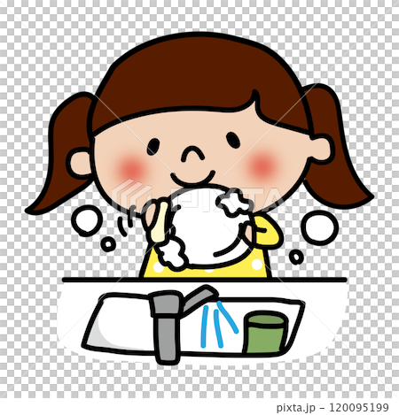 水を出しながらお皿洗いをする子供(女の子) 水を出しながらお皿洗いをする子供(女の子) 120095199