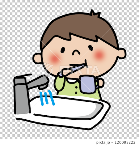 A boy brushing his teeth while running water A boy brushing his teeth while running water 120095222