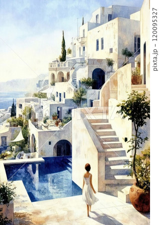Poster with view of santorini island, greece. White buildings against blue sky and sea, watercolour pop-art pastele colours 120095327