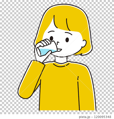 一名婦女從玻璃杯中喝大量水的插圖 120095348