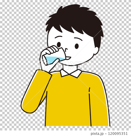 一個男人從玻璃杯裡喝大量水的插圖 120095351