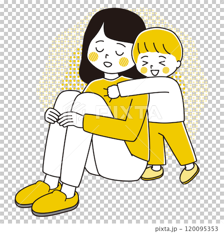 Illustration of a boy hugging a woman sitting cross-legged 120095353