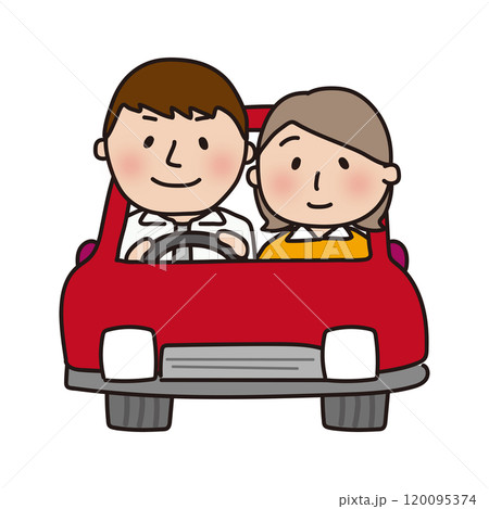 赤い車でドライブする夫婦（正面） 120095374