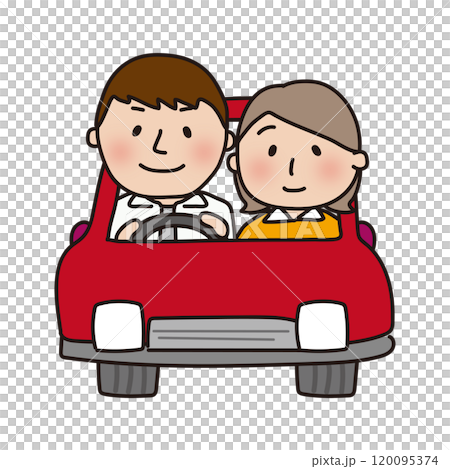 赤い車でドライブする夫婦（正面） 120095374