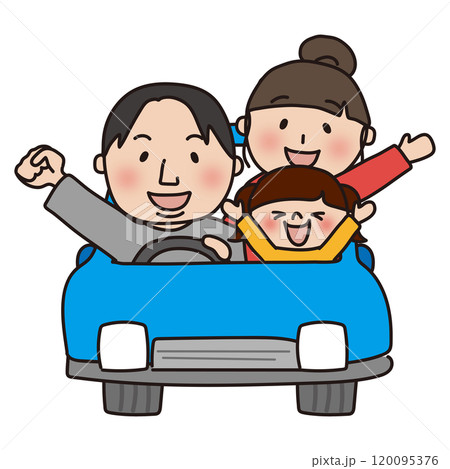青い車でドライブする家族(正面) 青い車でドライブする家族(正面) 120095376
