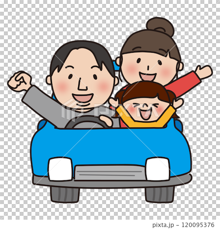 青い車でドライブする家族(正面) 青い車でドライブする家族(正面) 120095376