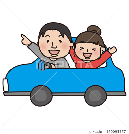 青い車でドライブする夫婦（横） 120095377