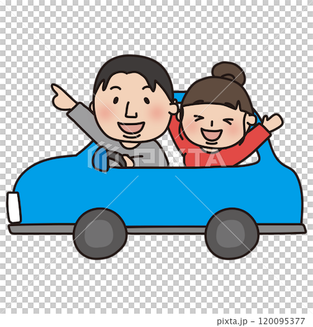 青い車でドライブする夫婦（横） 120095377