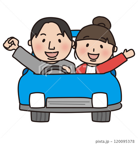 青い車でドライブする夫婦(正面) 青い車でドライブする夫婦(正面) 120095378