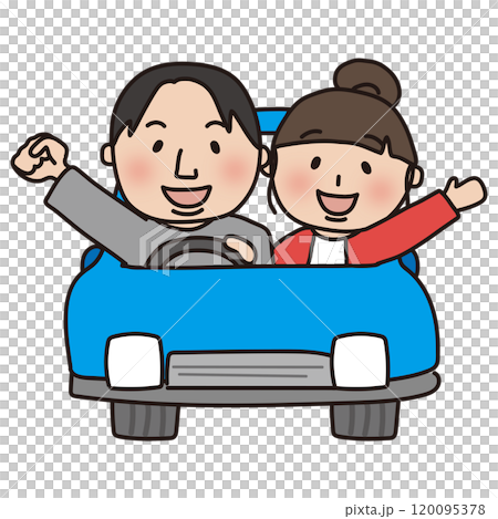 青い車でドライブする夫婦(正面) 青い車でドライブする夫婦(正面) 120095378