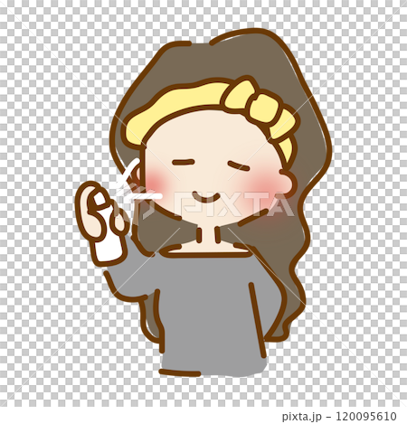 A cute and relaxed girl spraying lotion on her face A cute and relaxed girl spraying lotion on her face 120095610