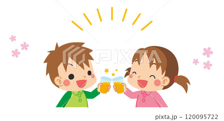 乾杯している可愛い小さな男の子と女の子のイラスト　ベクター　白背景　クリップアート 120095722