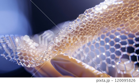 Close-up of a delicate synthetic mesh, highlighting intricate honeycomb patterns under soft lighting, ideal for science and technology visuals 120095826