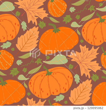 Vibrant pattern of pumpkins and autumn leaves in shades of orange, brown, and green, ideal for fall-themed designs, seasonal decorations, and Thanksgiving backgrounds 120095862