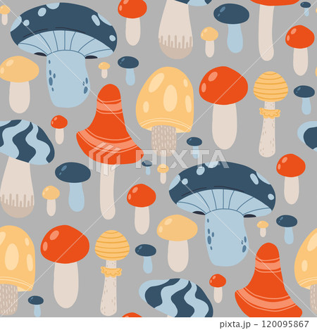 Colorful mushroom pattern featuring red, blue, and yellow fungi on a gray background, perfect for autumnal decor, nature-themed designs, and whimsical forest-inspired illustrations 120095867