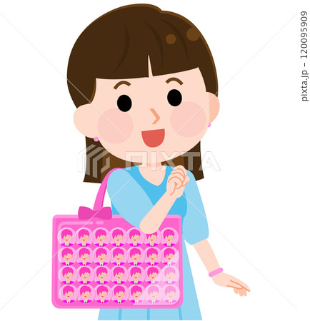 缶バッチがたくさん入った痛バッグを持つ笑顔の女の子 イラスト 缶バッチがたくさん入った痛バッグを持つ笑顔の女の子 イラスト 120095909