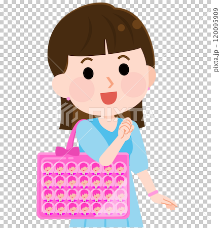 缶バッチがたくさん入った痛バッグを持つ笑顔の女の子 イラスト 缶バッチがたくさん入った痛バッグを持つ笑顔の女の子 イラスト 120095909