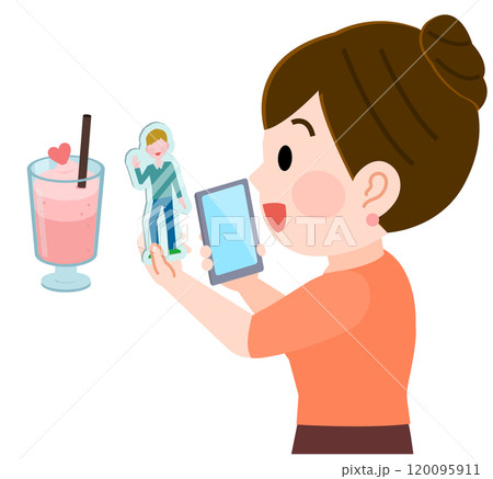 カフェでアクスタ撮りを楽しむ笑顔の女の子　イラスト 120095911