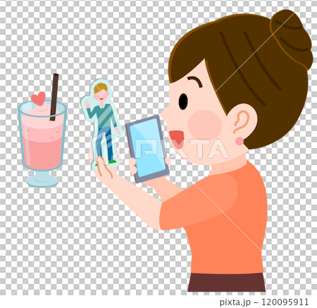 カフェでアクスタ撮りを楽しむ笑顔の女の子　イラスト 120095911