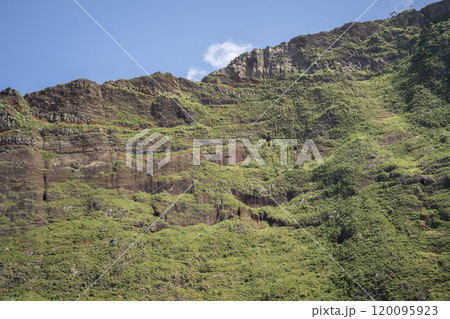 Wide shot of cable car coming down from very high and steep cliff, Madeira, Portugal 120095923